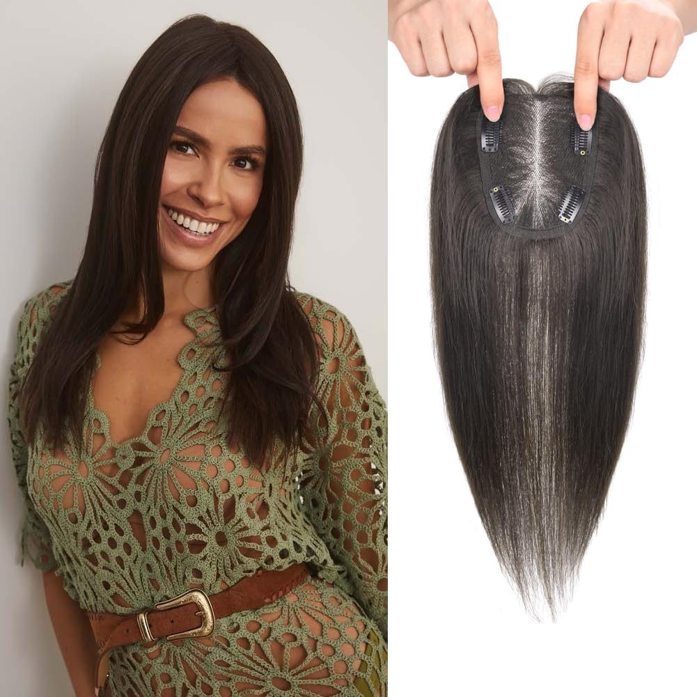 Human Hair Toppers for Women - Medium Brown with Warm Blonde Highlights | 10cm x 12cm