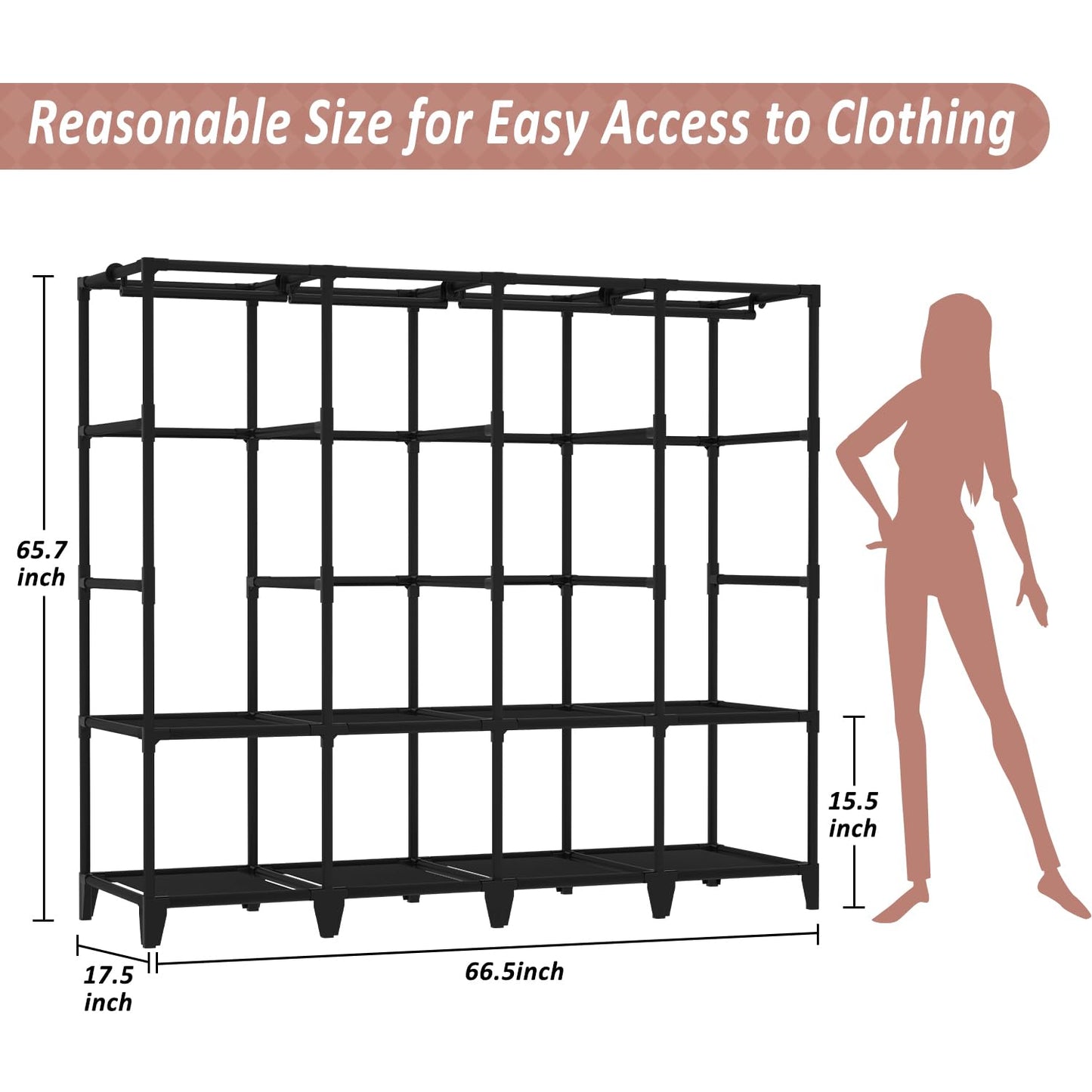 Jofuler Wardrobe Closet, Quick and Easy Assembly, Black Large Capacity Portable Closet with 4 Hanging Rods 8 Storage Shelves and 8 Side Pockets, Clothes Rack with Cover, for Bedroom and Living Room