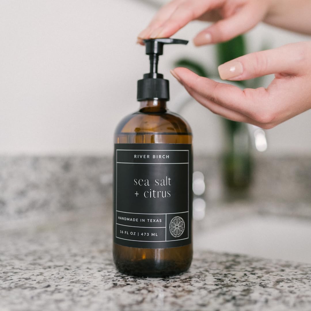 Natural Hand Soap - River Birch Sea Salt & Citrus Scent - Moisturizing Vegan Formula | 16 Fl Oz Amber Glass Dispenser