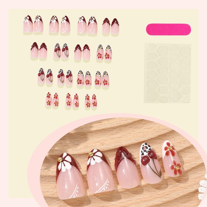 Press On Nails - Wine Red Medium Almond Fake Nails with Cherry, Leopard Print & Floral Design | 30 Pcs Reusable Manicure Set