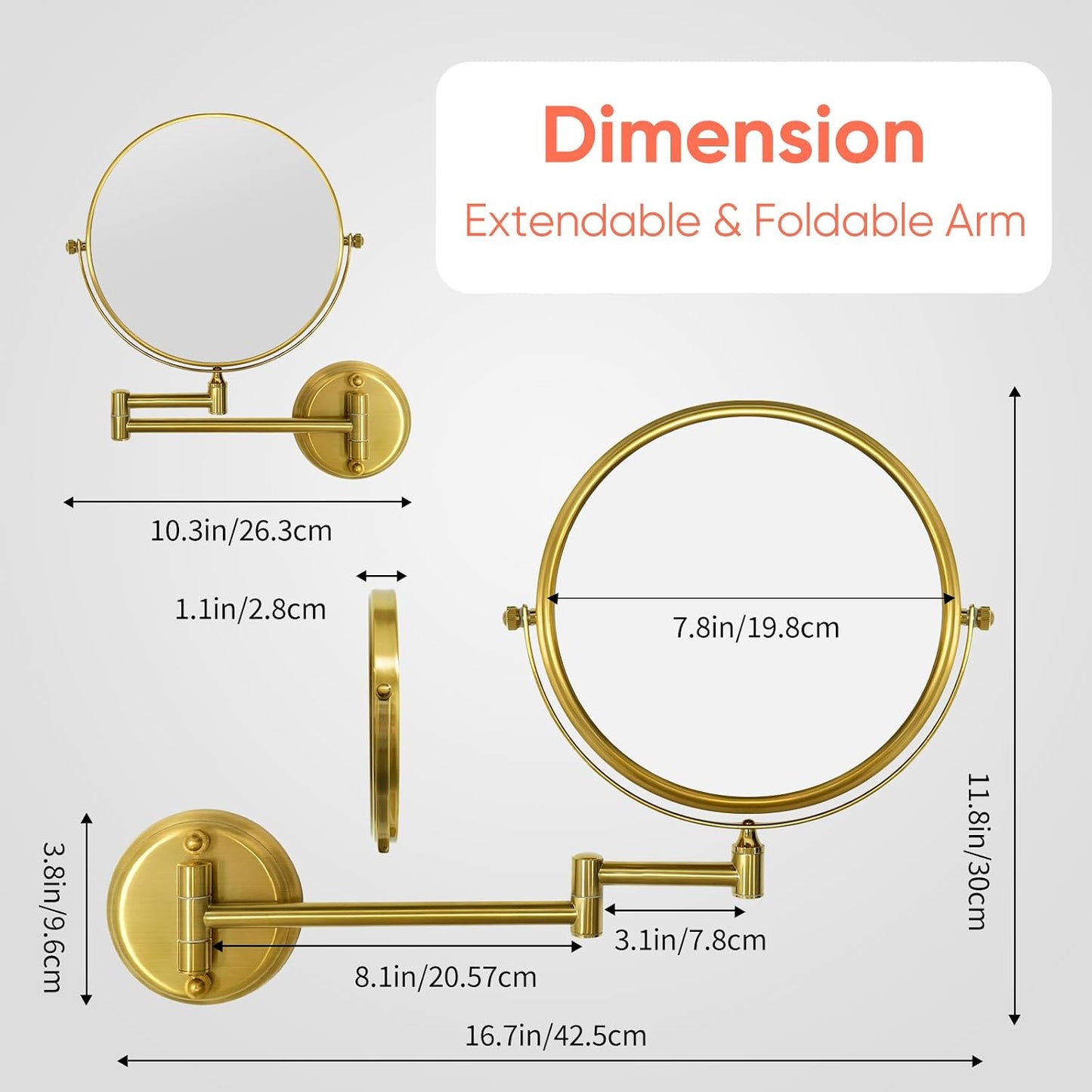 GURUN 8" Wall Mounted Makeup Mirror - 10X Magnification, Two-Sided Swivel, Brushed Gold Finish | Ideal for Women & Moms