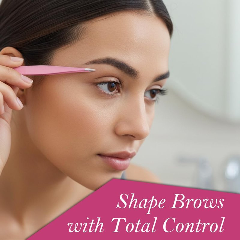 TWEEZERLUX Tweezers Set - Professional Stainless Steel Tweezers for Eyebrows - Great Precision for Facial Hair, Splinter and Ingrown Hair Removal (PINK)