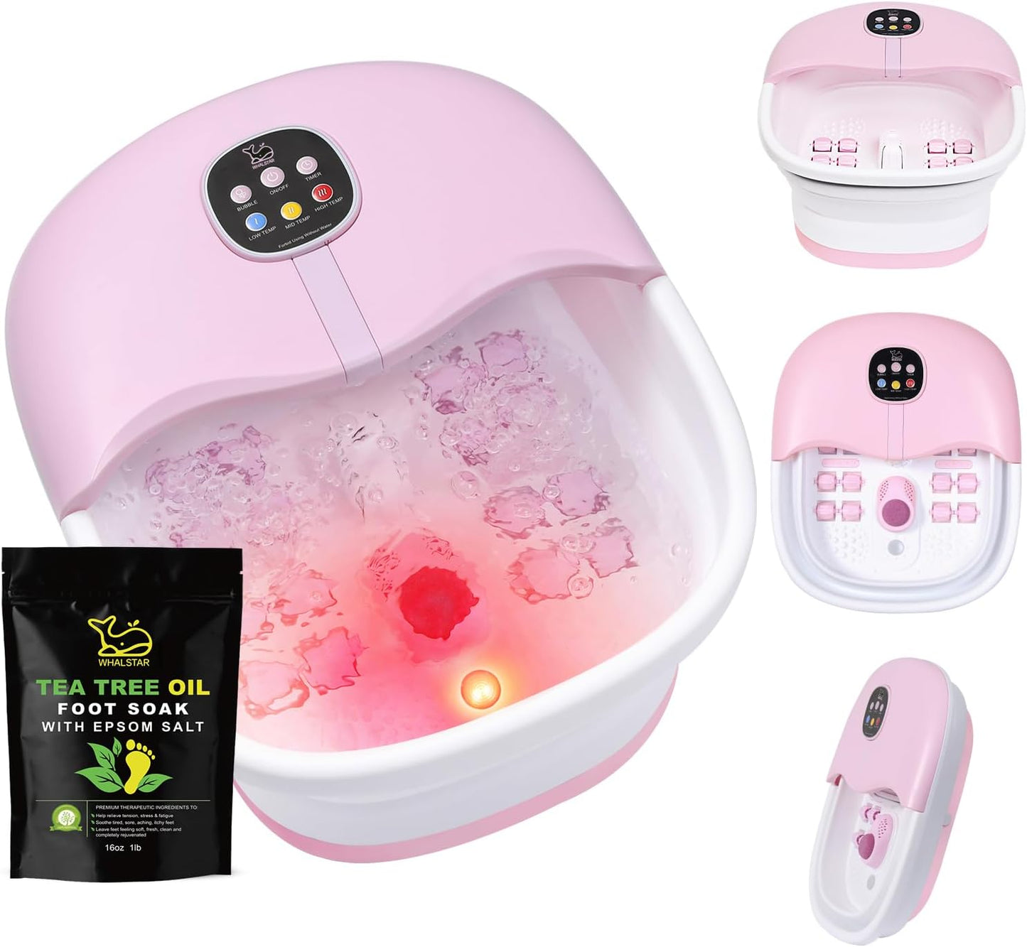 Collapsible Foot Spa Bath Massager - Heated Vibration Massage with Bubbles & Jets | 16oz Tea Tree Oil Foot Soak & Epsom Salt - Purple