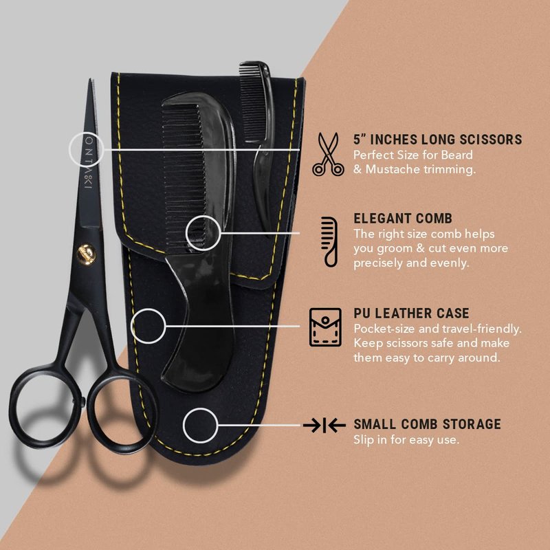 Ontaki Mustache Scissors - 5-Inch, Black - Bevel-Edge Precision & Beard Trimming Scissors - Complete Kit with Mustache Comb & Beard Comb