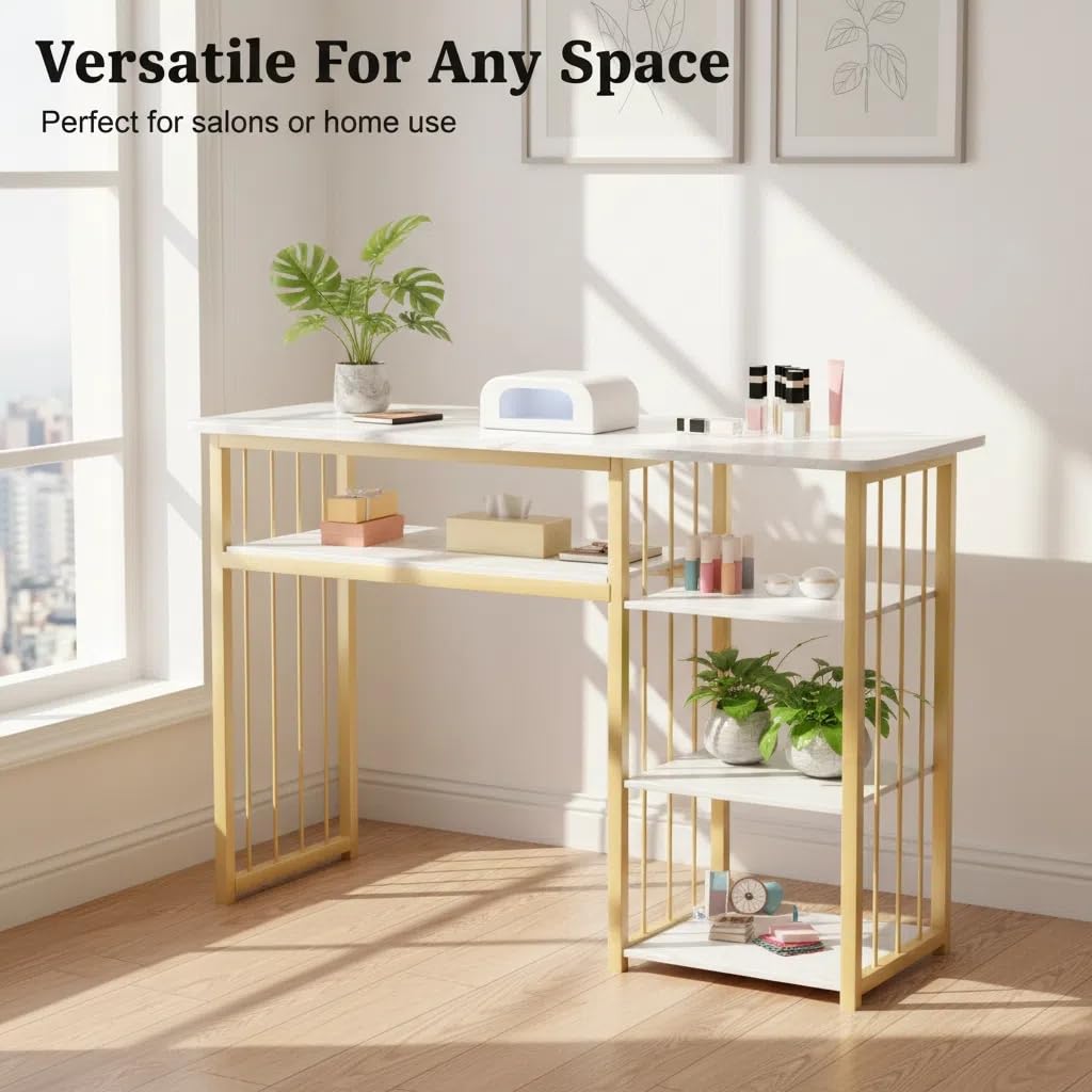 Mehisir Nail Desk with 3-Tier Shelves, Modern Manicure Table Luxury Heavy Duty Nail Table with Marble Top Gold Frame Multipurpose Nails Tech Desk for Beauty Salon Spa White White