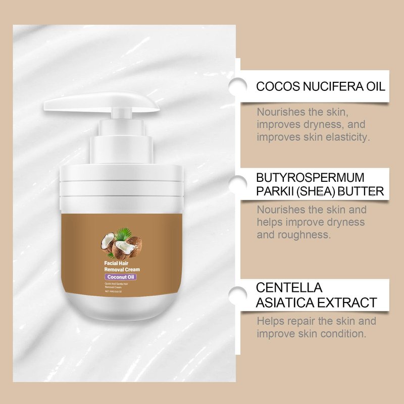 Coconut Oil Facial Hair Removal Cream for Women, Plant Extract Coconut Oil Hair Removal Cream, Painless Hair Removal, Suitable for Sensitive Skin