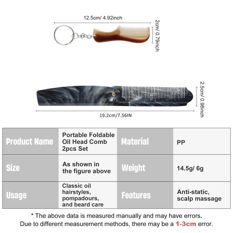 2Pcs Folding Pocket Comb for Men - Portable Oil Head Hair Comb & Mini Keychain Beard Comb, Anti-Static Styling Tool for Travel, Daily Grooming, Pompadour & Beard Care