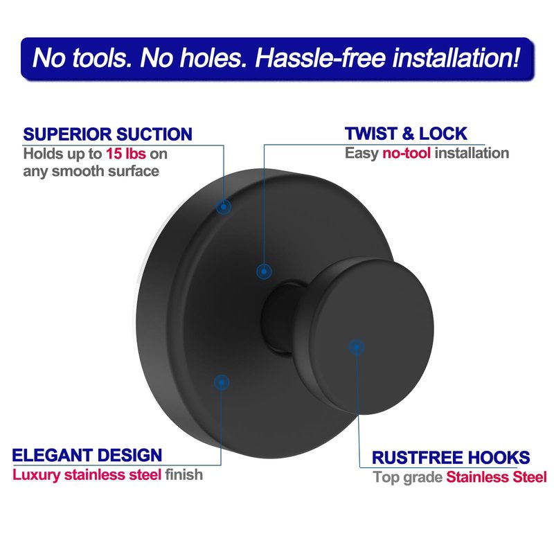 Bntuk Suction Cup Hooks for Shower, Removable Towel Hooks for Bathroom Window Glass Door Wall, Bath Robe Looafh Wreath Hook for Hanging - 2 Pack, Black