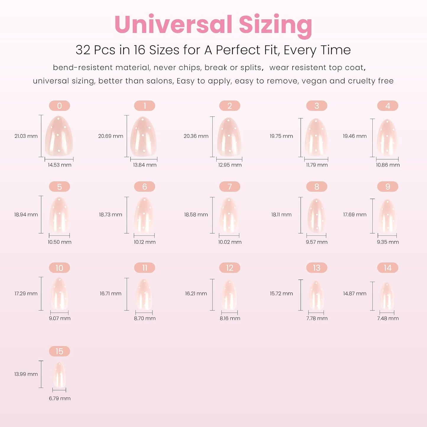 Press On Nails - Milk Dots Polka Dot Almond Nails on Pink Shimmer Base | Glossy Finish, Reusable 16 Sizes - 32 Nail Kit with Glue