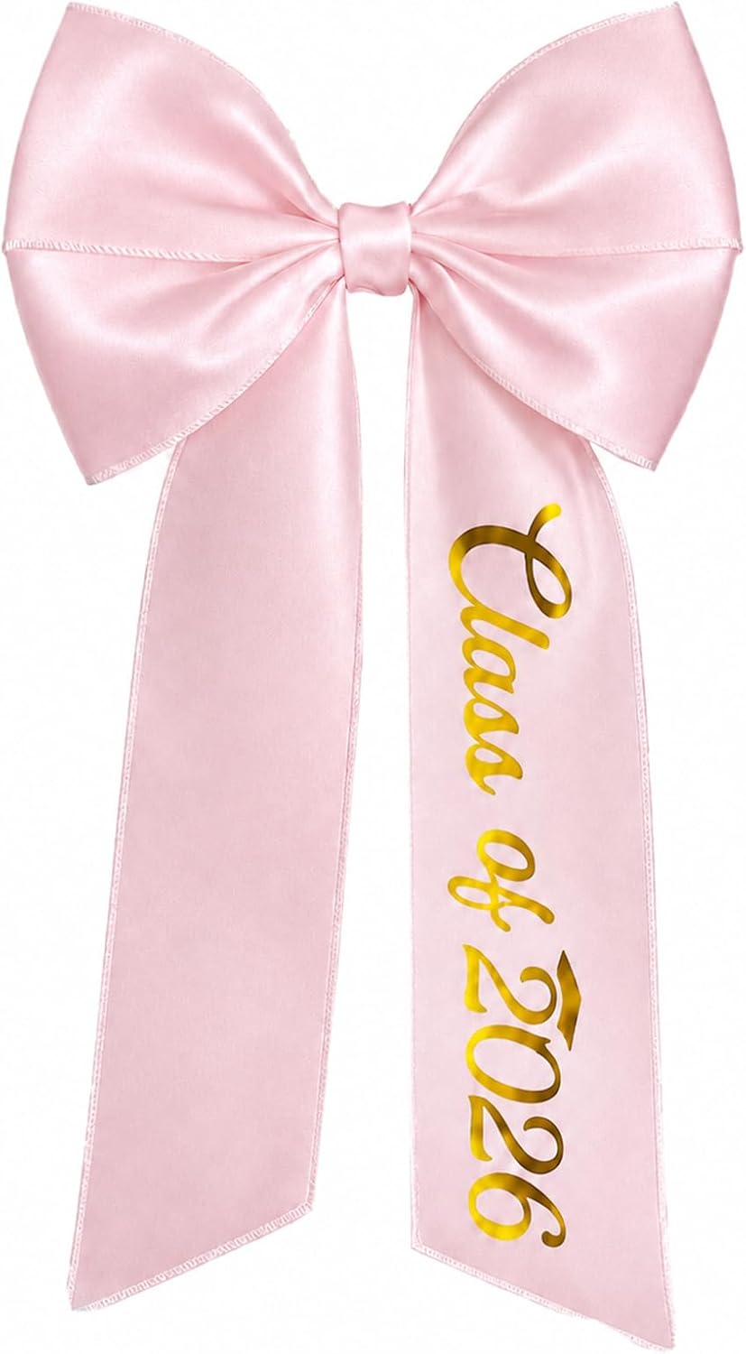 Graduation Cap Bow - Class of 2026 Satin Ribbon Hair Accessory | Black Embroidery Decor