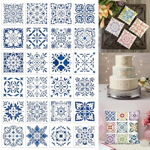 24 Pack Reusable Moroccan Scroll Tile Stencils - 4 Inch for DIY Home Decor & Baking
