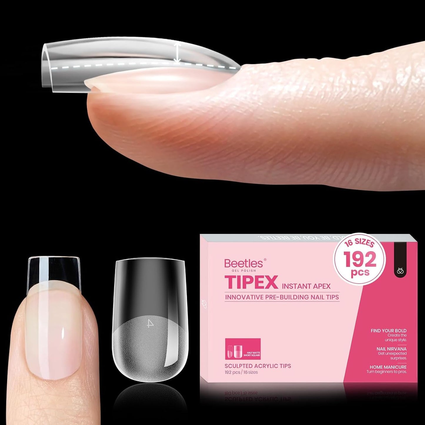 Beetles Instant Apex Nail Tips - Short Oval Acrylic Extensions | 192 Pcs, 16 Sizes 00-14, No Builder Gel Required
