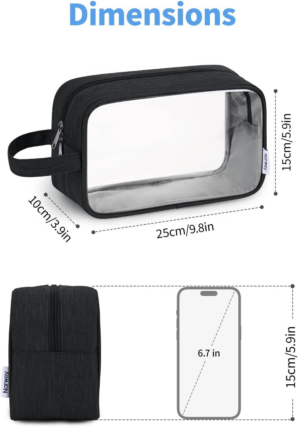 Clear Travel Toiletry Bag - Makeup Organizer with Zipper & Handle | Versatile Cosmetic Pouch for Men & Women - Black