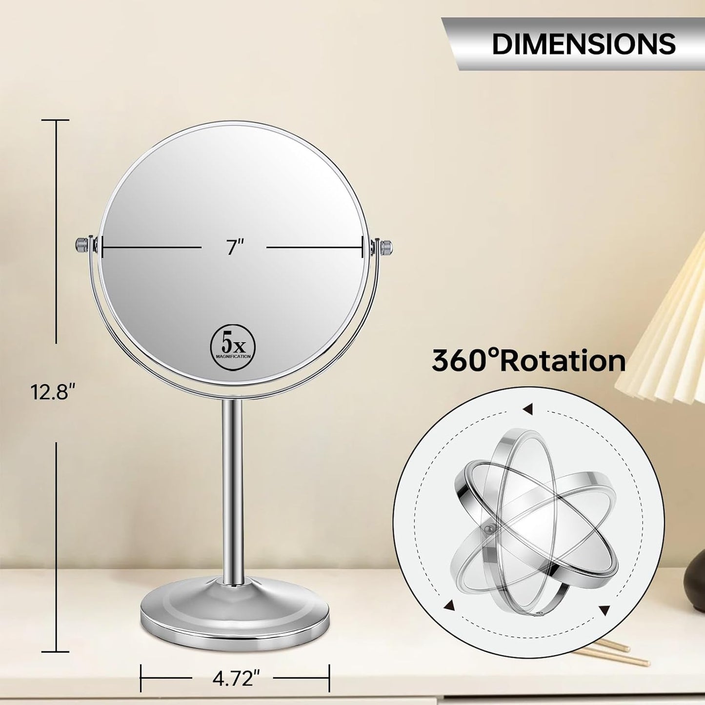 Tabletop Makeup Mirror - 1X/5X Double-Sided Magnifying Design | 7-Inch Chrome 360° Swivel Countertop Mirror