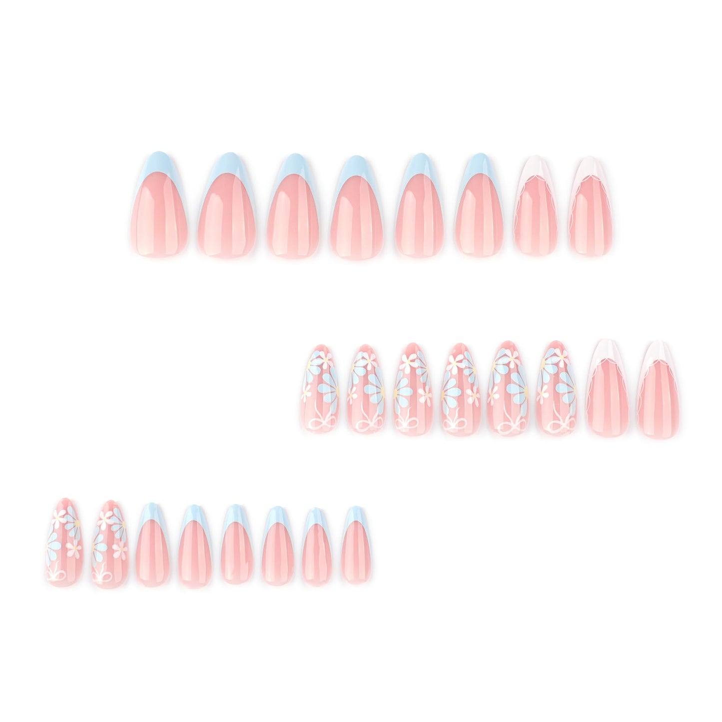 Flower Press on Nails Almond Summer Spring Nails Press on French Fake Nails with Blue Daisy Floral Designs Reusable False Nails Cute Artificial Acrylic Nail Medium Stick on Nails for Women 24Pcs