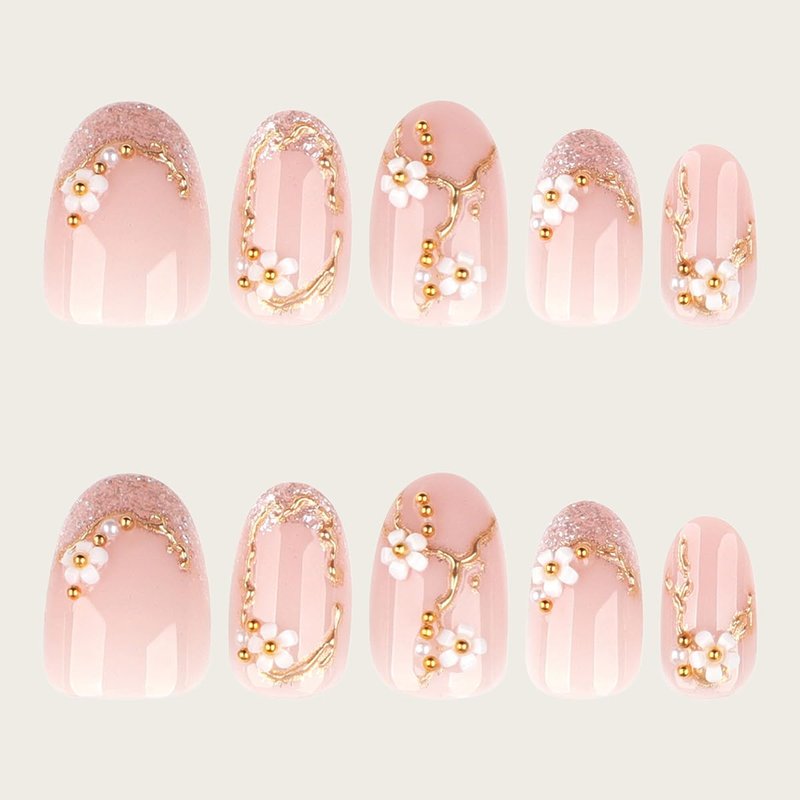 Almond Press-On Nails - Short 3D Floral & Gold Glitter Design | Nude Pink Full Cover Reusable Acrylic - 24 Pcs