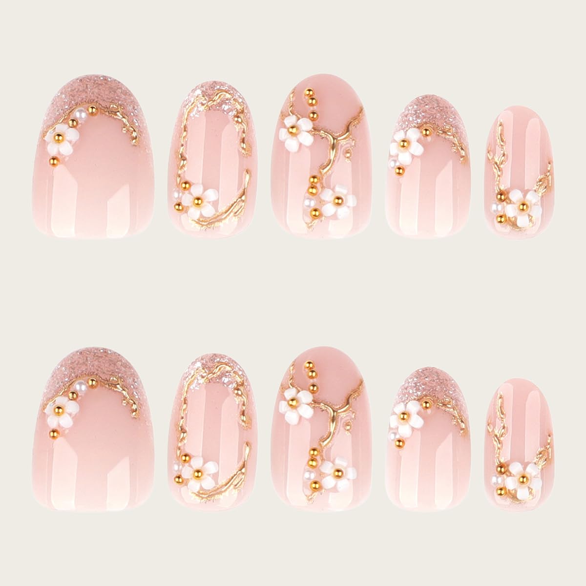 Almond Press on Nails Short Fake Nails Spring Nails Press ons with 3D Flower & Gold Glitter Design Nude Pink False Nails Full Cover Reusable Acrylic Glue on Nails Floral Stick on Nails for Women 24Pcs