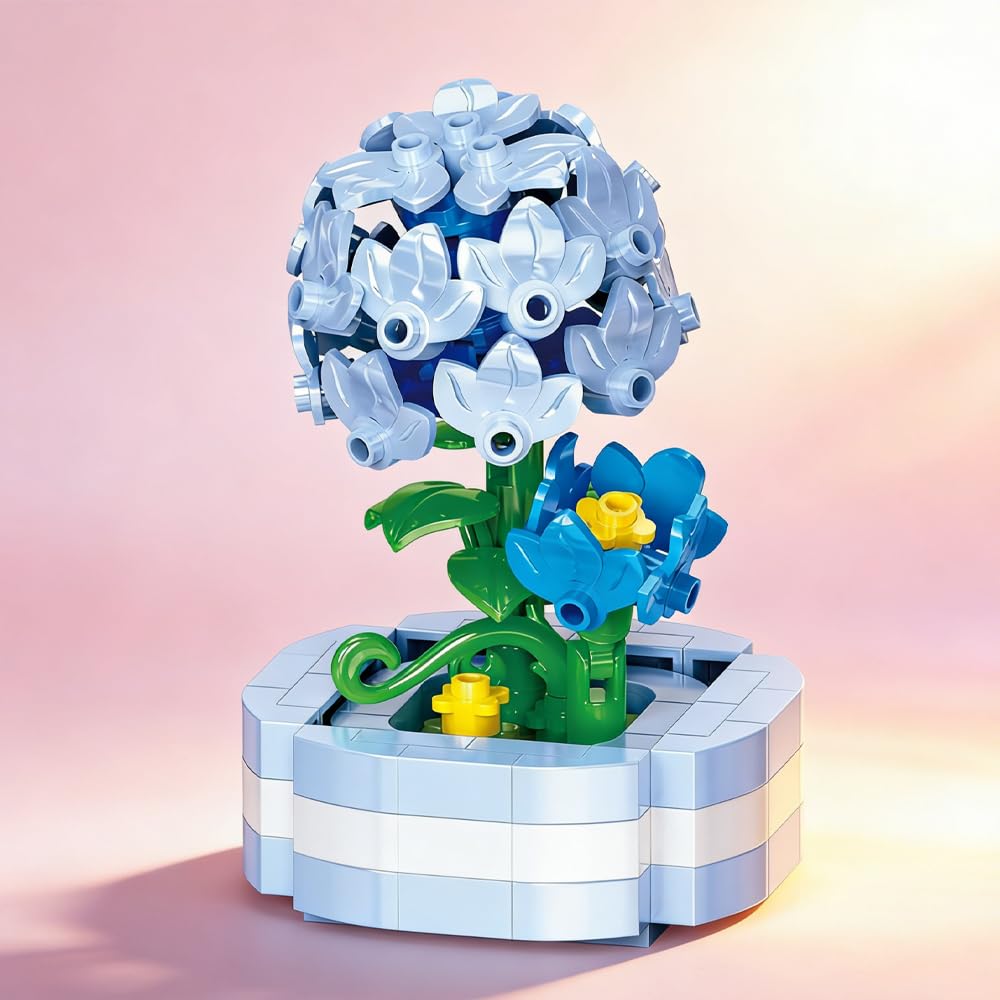 Hydrangea Hand-Assembled Figurine with Display Base, Mini Flower Desk Decor, Hydrangea Theme Collectible Statue for Home Office Shel