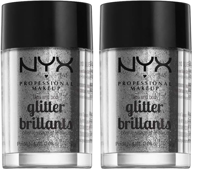 NYX Face & Body Glitter Silver 0.08oz Pack of 2 – Loose Glitter for Face & Body