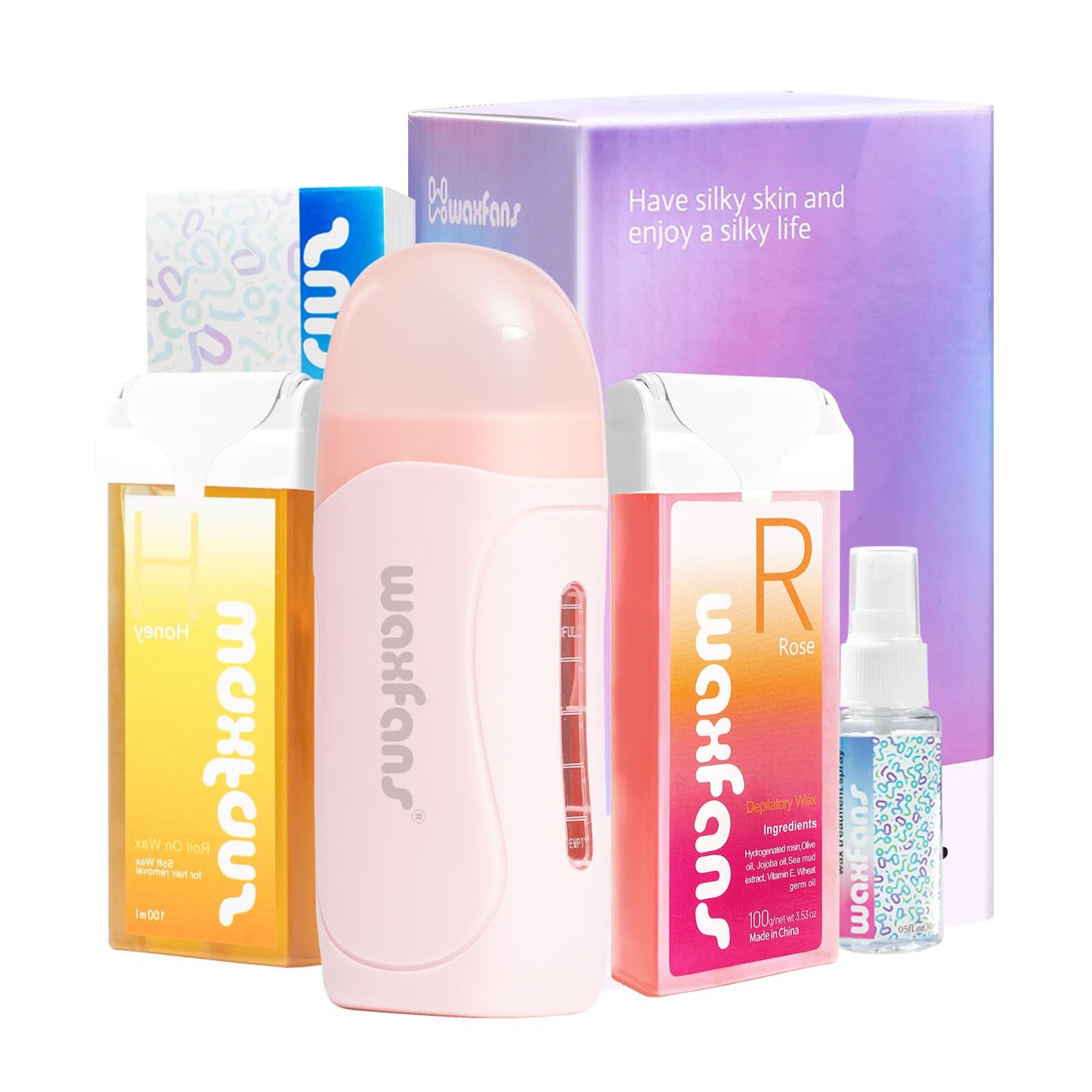 Waxfans Roll On Wax Kit, Wax Roller Kit, Waxing Kit for Women & Men,Cera Para Depilar for Home Hair Removal on Body and Legs, with 2 Wax Refills (Honey & Rose) & 50 Pcs Wax Strips, Easy & Smooth, Pink