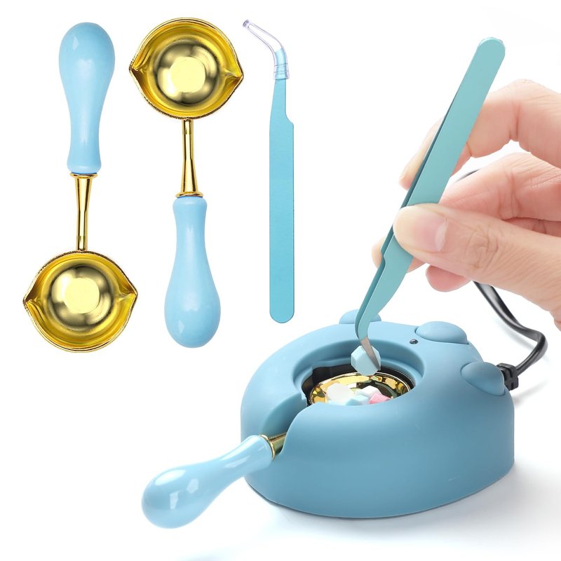 Electric Wax Seal Warmer, Atopbb Wax Sealing Melter with 2pcs Spoons, Tweezers, Great Melting Furnace Kit Fast Melting Wax Seal Bedas for Envelope Stamp Seals Craft, Black (Blue)