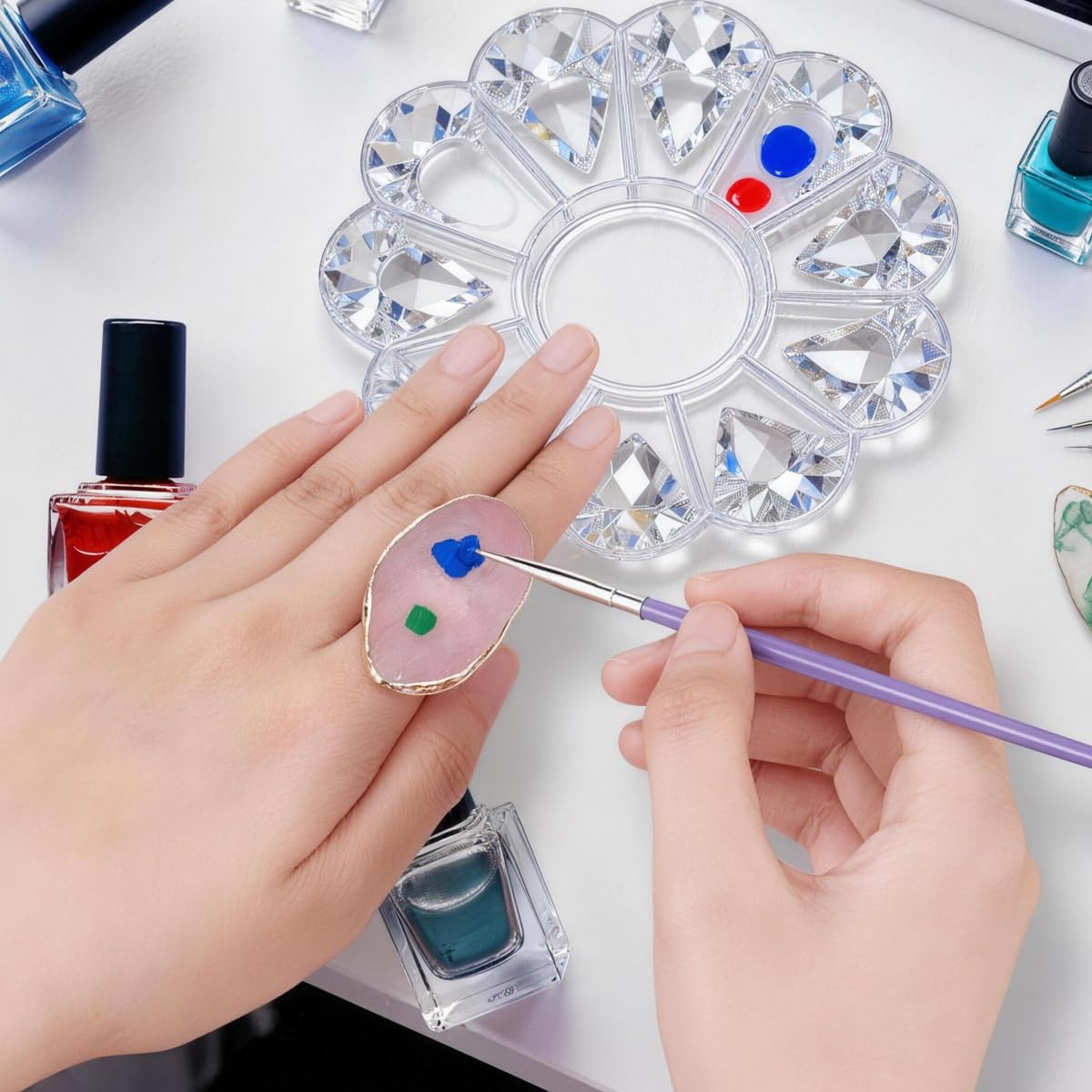 2 Pcs Nail Art Palette Rings, Marble Resin Gel Polish Mixing Trays, Adjustable Finger Ring Nail Art Holder for DIY Color Mixing(Pink,Green)