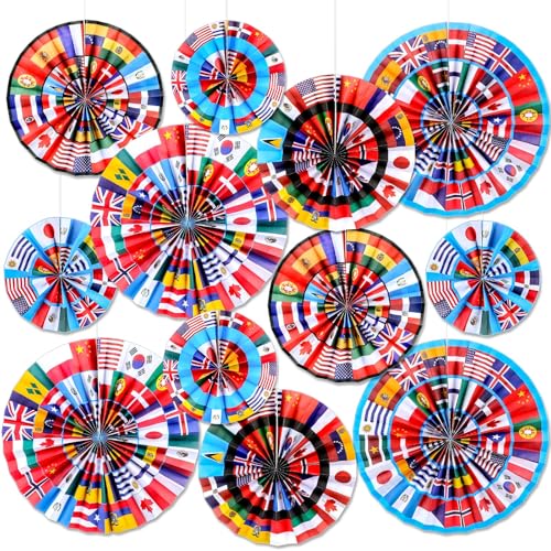 12 Pcs International Flags Paper Fans for Party Decorations