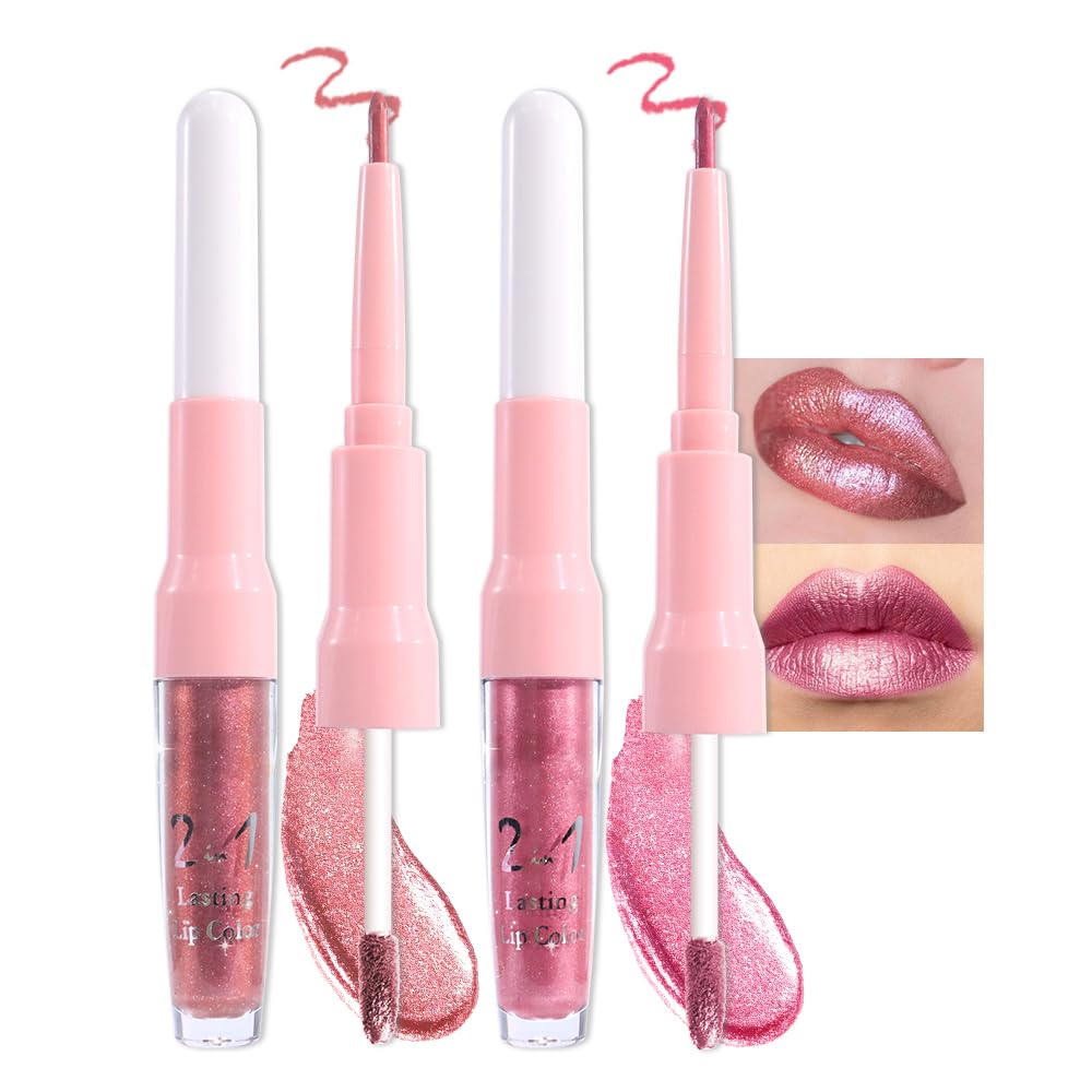 Dark Purple Red Metallic Glitter Lip Liner & Lipstick Combo - Long Lasting Waterproof Liquid Lipstick Set for Women | Iridescent Shine, Non-Stick Cup