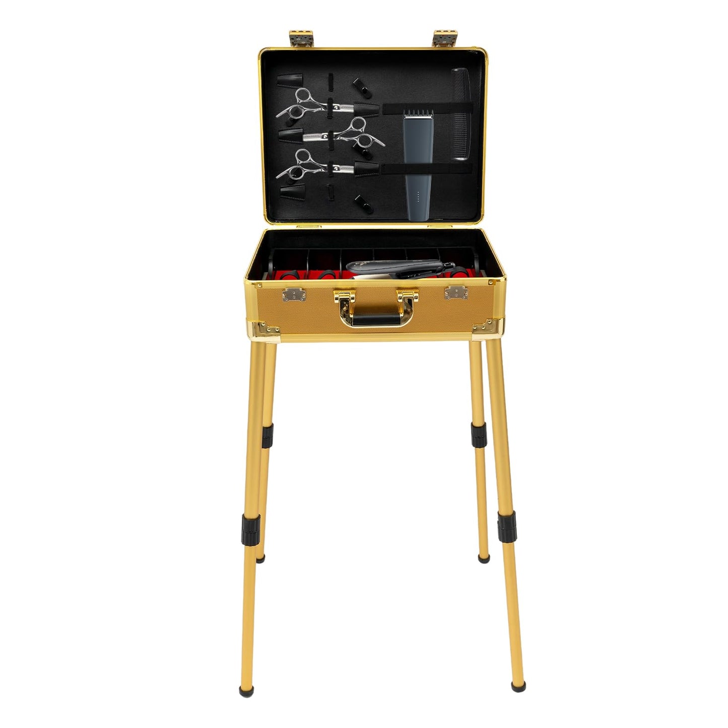 XUFOPLY Mobile Barber Station, Professional Barber Toolbox Floorstanding Barber Carrying Case with 18.11-31.5in Adjustable Height Legs & TSA Lock for Barbershop, Hair Salon (Gold)