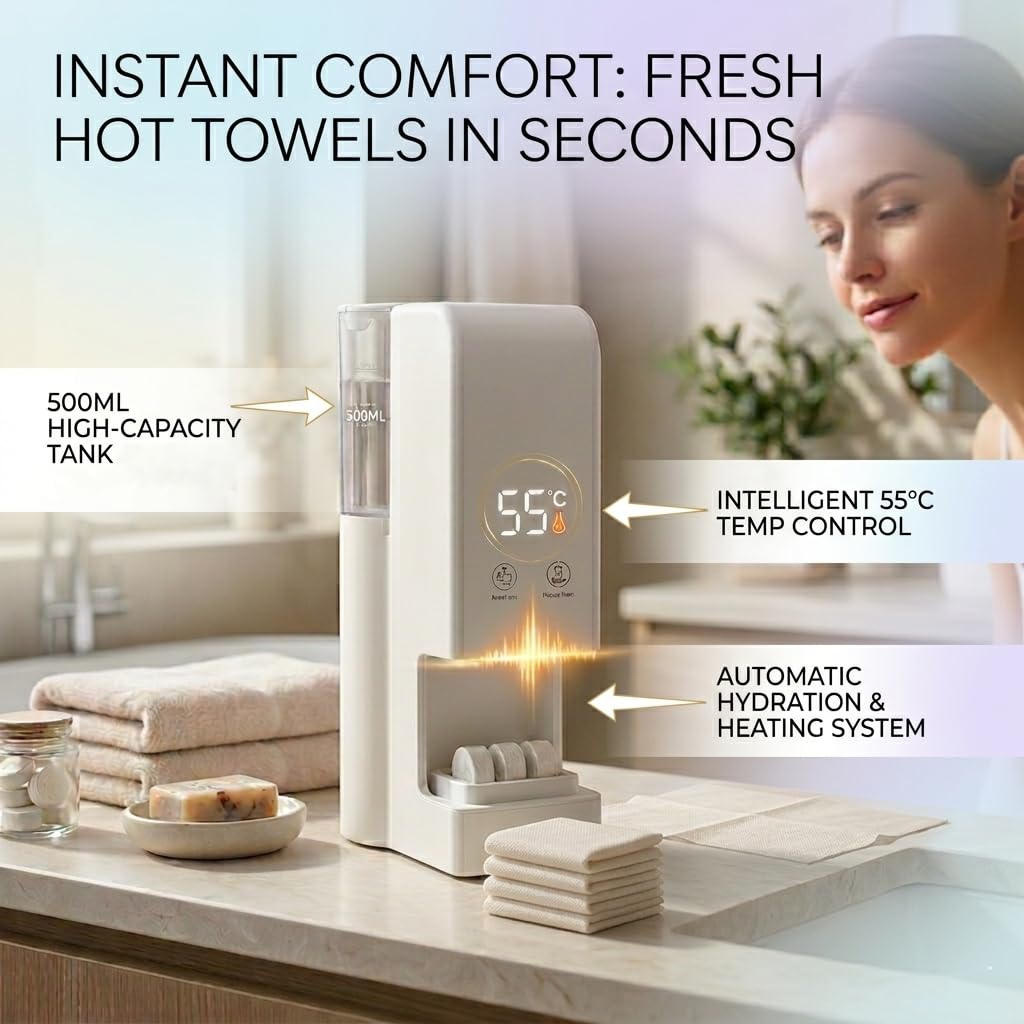 5-Second Heating Hot Face Towel Dispenser, 55°C Constant Temperature Steam Face Towel Dispenser, Portable Smart Towel Warmer Machine for Facial Cleansing, Skincare & Home Spa (Towel Warmers + Towels)