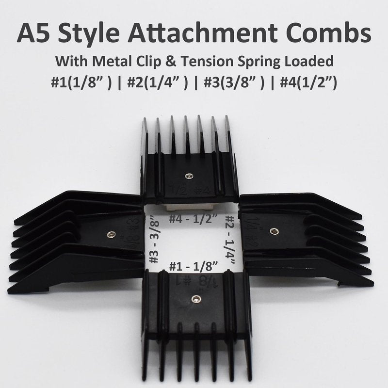 Professional A5 Animal Clipper Attachment Guard Guide Combs Set, 1/8" 1/4" 3/8" 1/2" Compatible with Andis AG BG, Oster Classic 76 Golden A5, Wahl KM Series Pet Groomer Horse Clipper Models (Black)