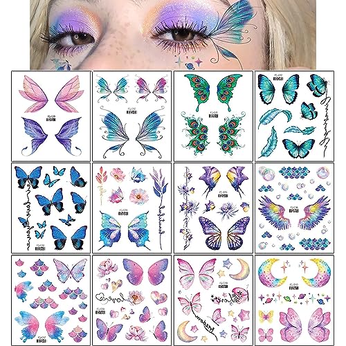 Glitter Butterfly Temporary Tattoos - 12 Sheets for Women & Girls