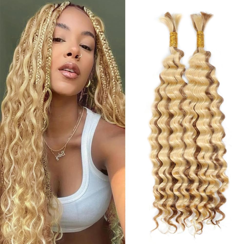 P27613 Boho Hair for Braiding Deep Wave Bulk 18 18 Inch P27/613 Highlight Human Braiding Hair Blonde Braiding Hair Extensions 110g