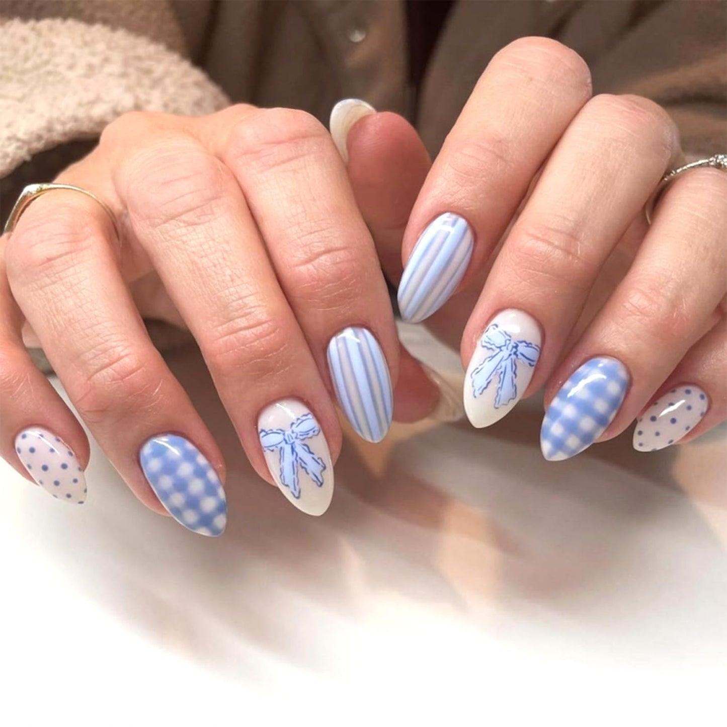 Polka Dot Press-On Nails - Short Almond Acrylic Design with Bow & Plaid Stripes | Blue Summer Reusable Full Cover