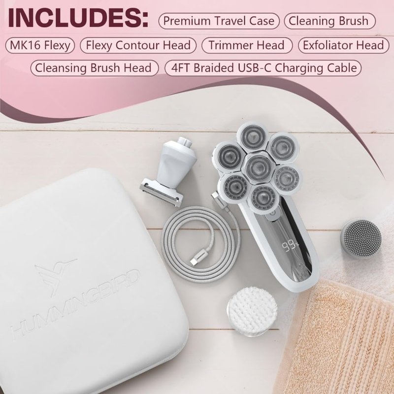 HUMMINGBIRD Flexy Electric Razors for Women – Cordless Rechargeable Waterproof Electric Leg Shaver for Silky Smooth Legs, Hair Removal Kit, Exfoliator, Cleanser, Travel Case & Bikini Trimmer for Women