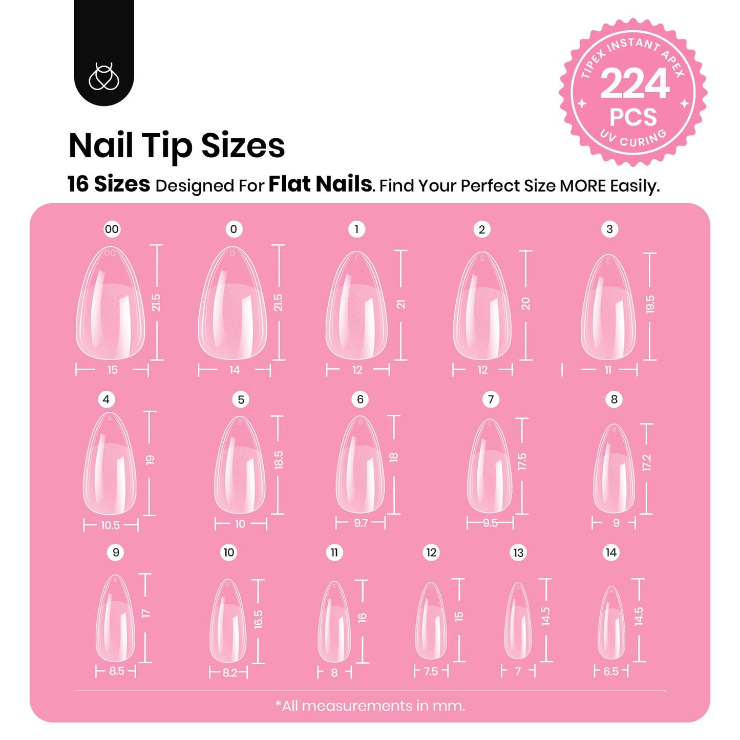 Beetles Tipex Instant Apex Nail Tips Kit, Short Almond, 224PCS 16 Sizes 00-14, No Builder Gel Needed, 20g Solid Nail Glue, Mini UV Lamp