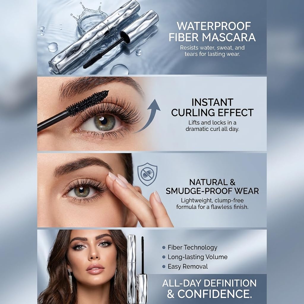 Waterproof Fiber Mascara - Volume & Length Without Clumping | Smudge-Proof, Curling Eyelash Iron (1 Pc)