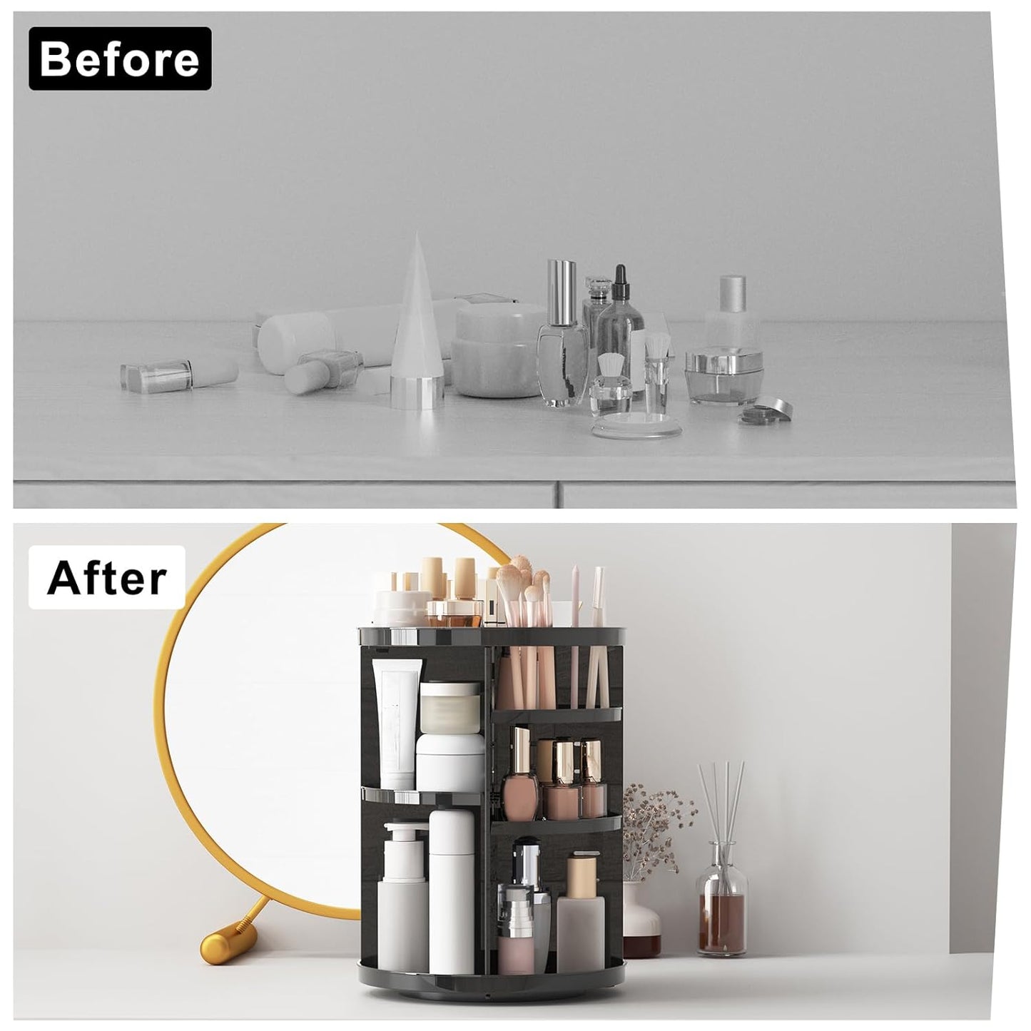 Rotating Makeup Organizer - DIY 8-Layer Spinning Skincare Storage | Multi-Function Vanity Display Case with Brush Holder & Perfume Tray - Black