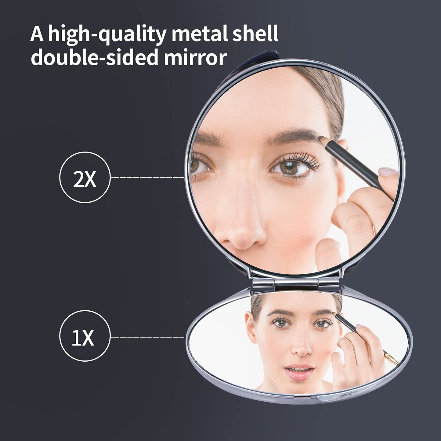 Goshentech Retro Metal Travel Portable Mirror Compact Mirror Make up Mirror 1x/2x Magnification Compact &Portable Foldable (Silver)