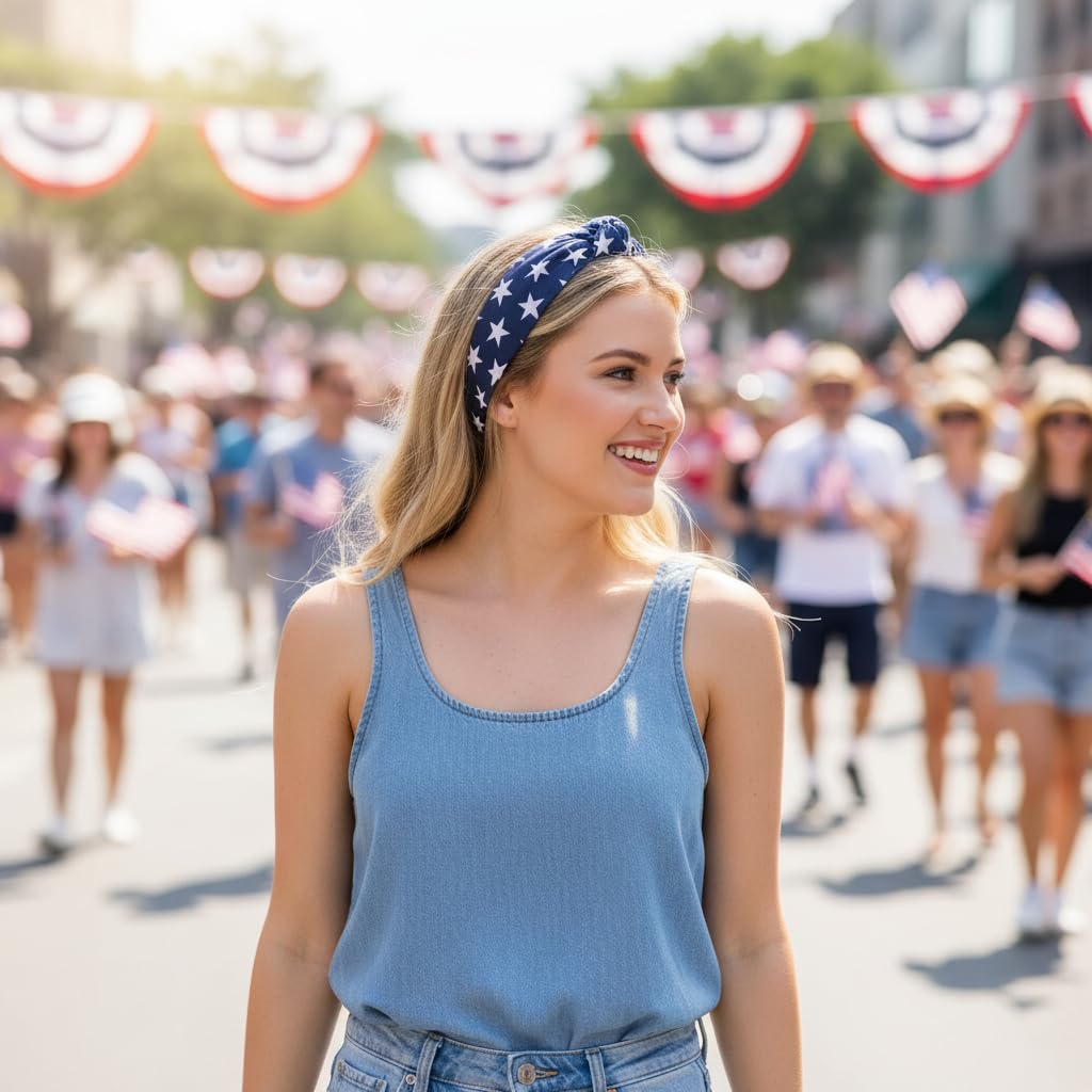 EIOAUY 3 Pack Patriotic Wide Headbands for Women, American Flag Stars Knotted Hair Accessories, 4th of July Independence Day Headbands for Party Holiday