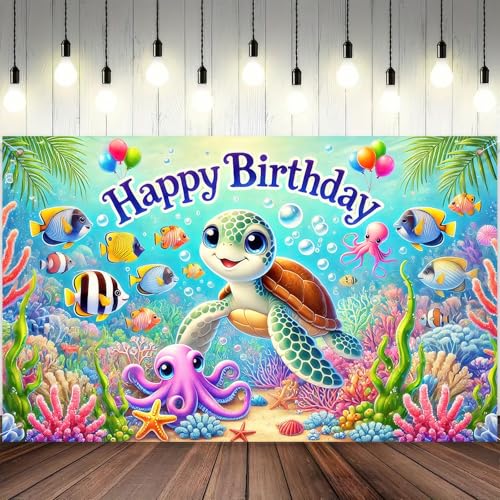 BlissYard Turtle Birthday Banner - Ocean Theme Backdrop 71x43 Inches