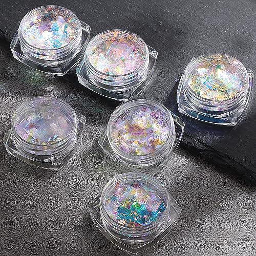 Opal Flakes Set-1 - Iridescent Chrome Nail Powder & Holographic Glitter for Nail Art, 6 Boxes
