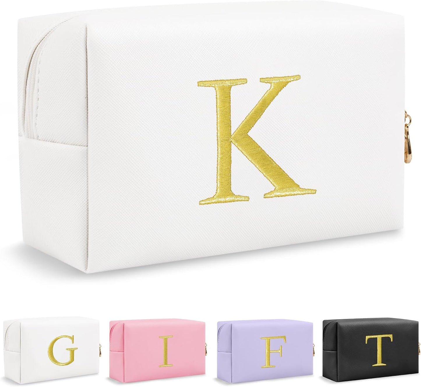 Personalized Initial Makeup Bag - Gold Embroidered Cosmetic Bag for Teens | Custom Travel Toiletry Bag (Black)