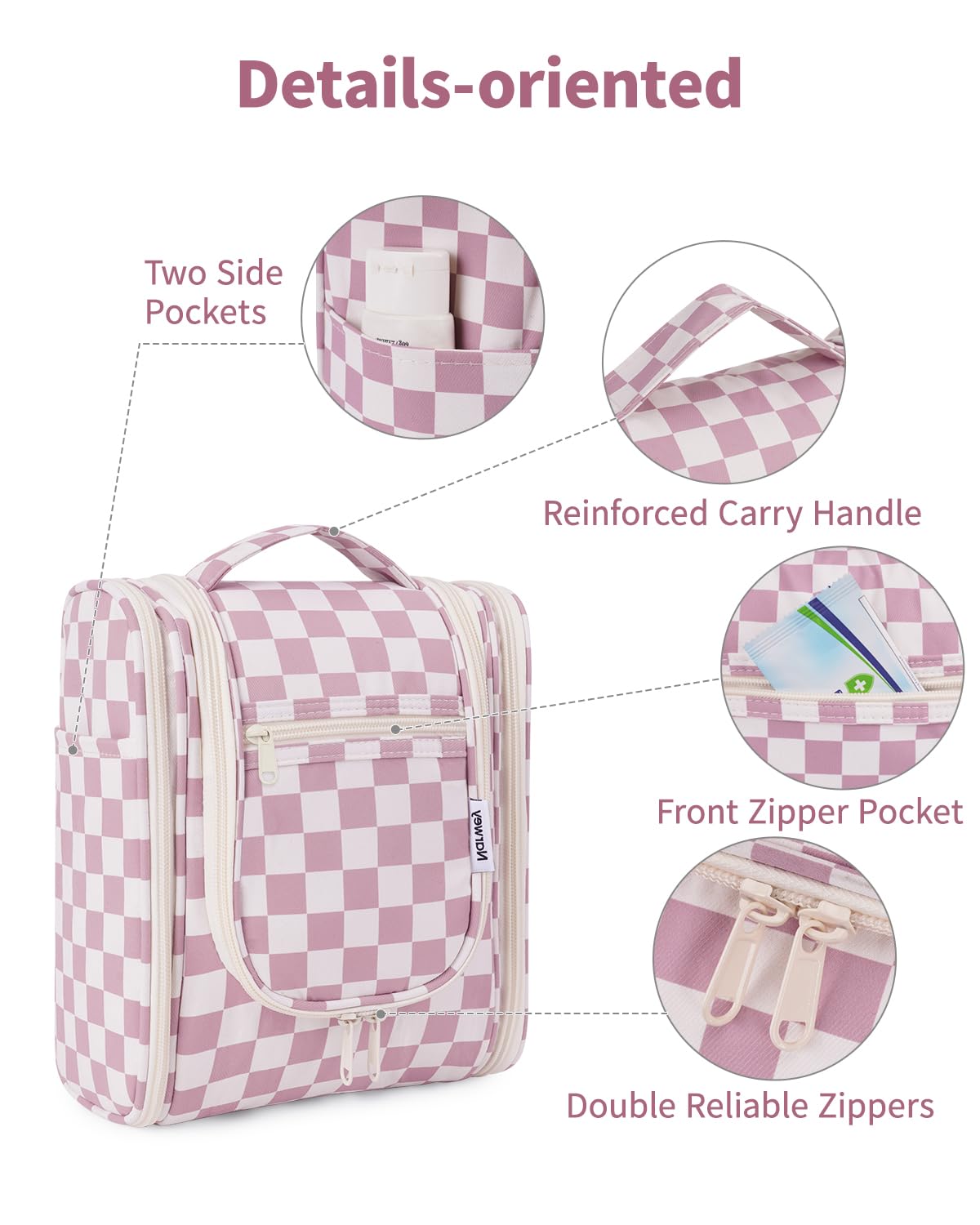 Narwey Small Checkered Hanging Travel Toiletry Bag for Women, Travel Bag for Toiletries, Makeup Bag Organizer Cosmetic Bags Make Up Bags for Women (Dusty Rose Checkerboard)