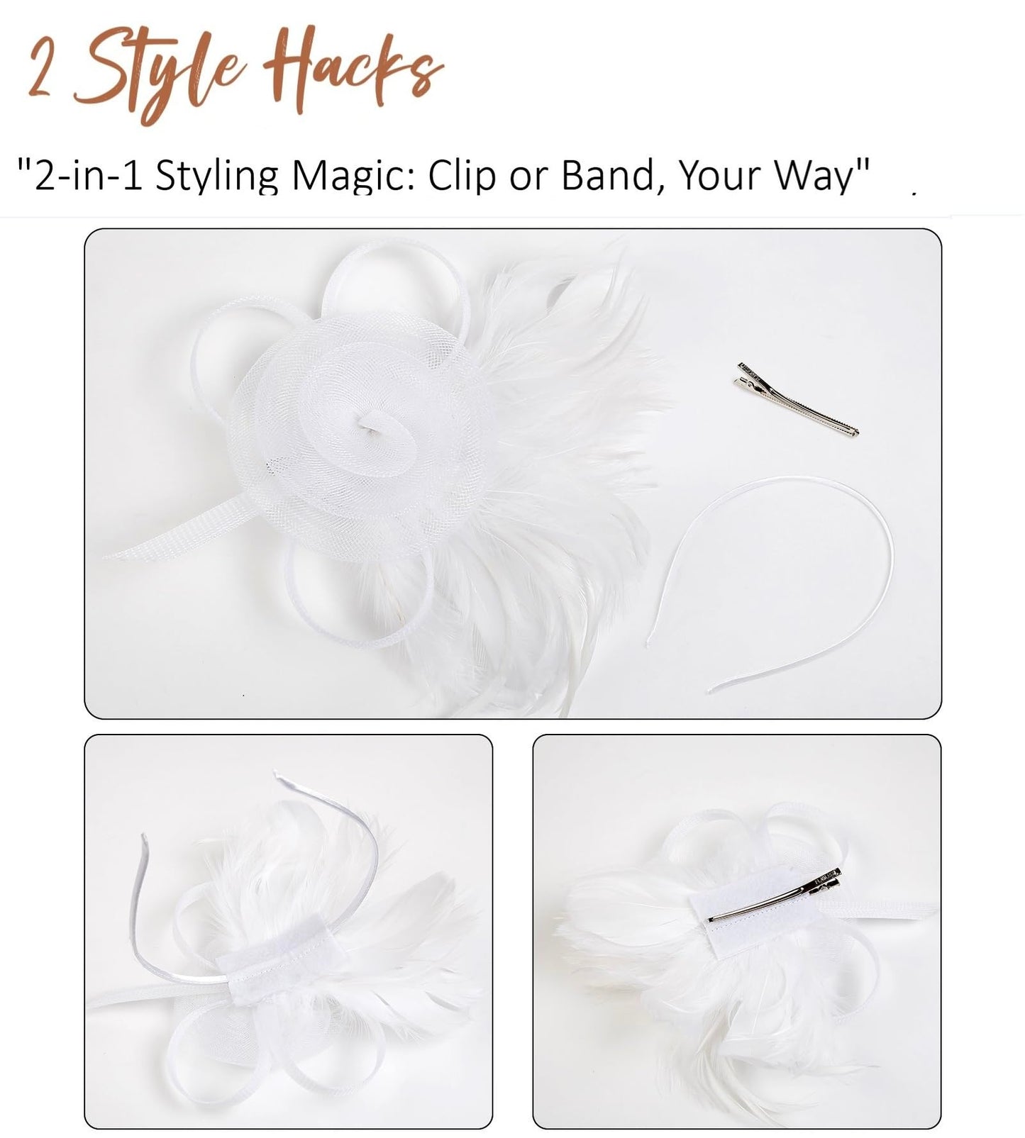 WOVOWOVO Fascinators Hats for Women Tea Party Headband Cocktail Wedding Headwear Headband for Women and Girls White