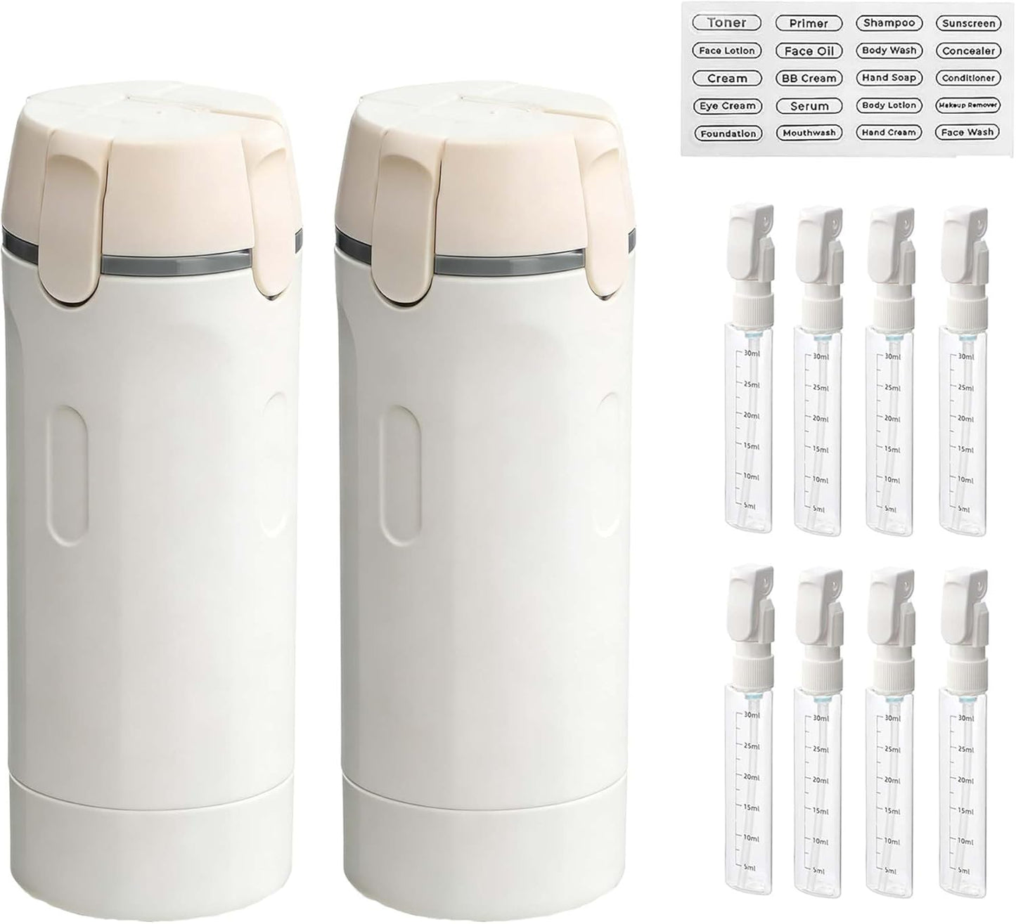 Travel Dispenser Bottle Set - 4 in 1 Leak-Proof 30ML Toiletry Containers | Portable Pump with Scale & Labels for Shampoo & Shower Use