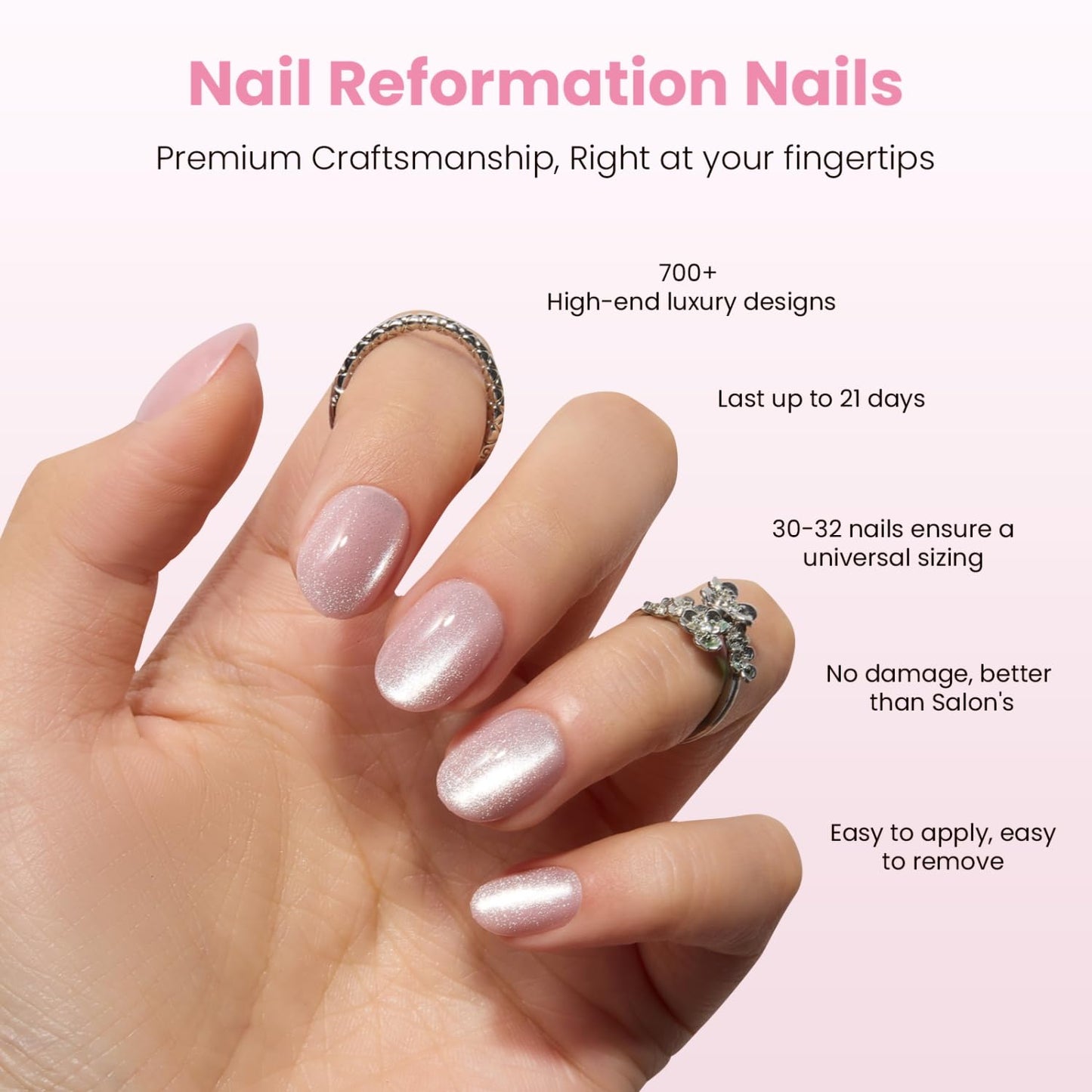 Nail Reformation Press On Nails, Soft Pink Shimmer Extra Short Round Fake Nails with Velvet Cat Eye, Reusable Stick On Nails Kit - 32 Pcs in 16 Sizes with Glue, Salon Quality, Manicure Gifts for Women