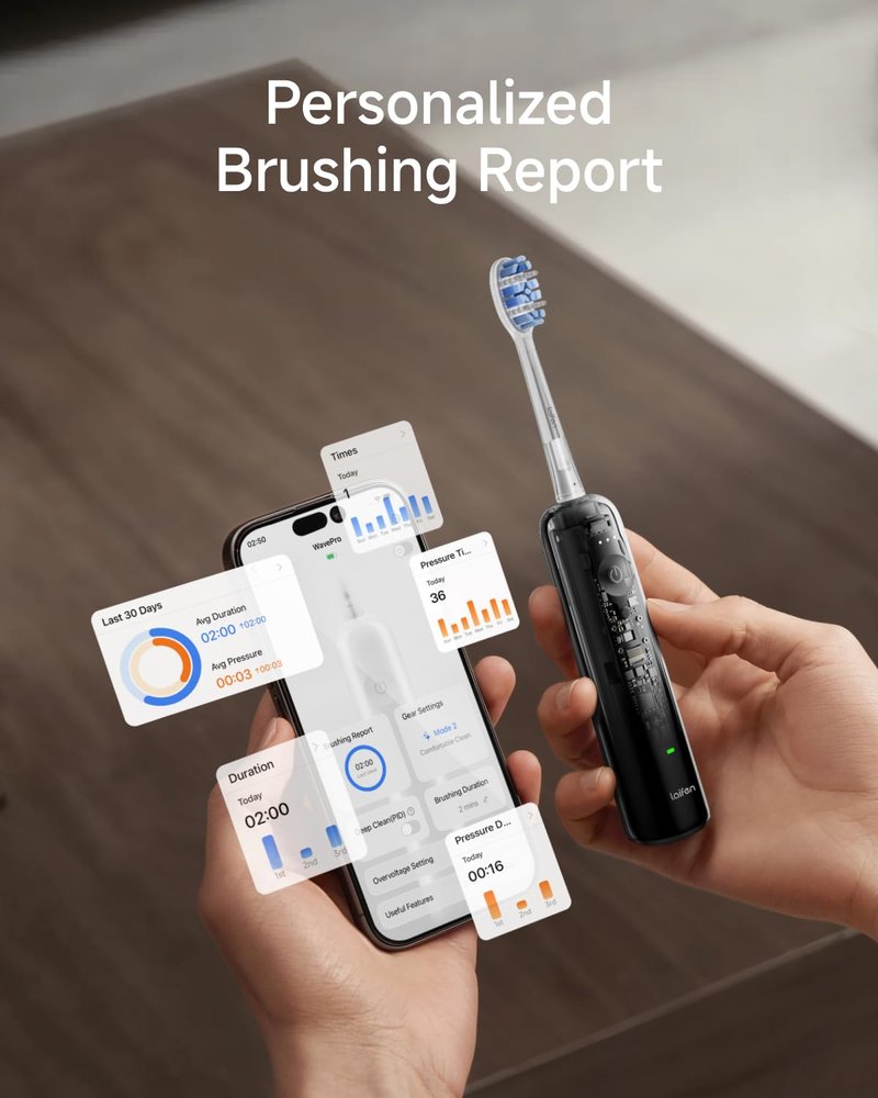 Laifen Wave Pro Sonic Electric Toothbrush for Adults – 2026 Model, 60° Oscillations for Ultra-Clean, Smart App, 70-Day Battery, 2 Brush Heads (Transparent Black)