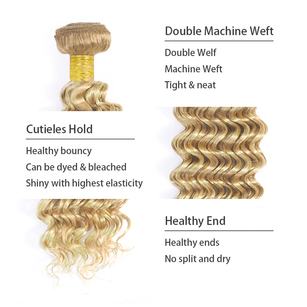 Blonde Bundles P27613 Human Hair Bundle #613 Deep Wave Bundles Human Hair Unprocessed Virgin Hair 1 Bundle 14 Inch #27 Deep Wave Hair Extensions