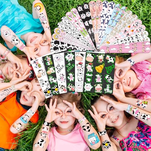 Cow Party Favors Set with 72 Temporary Tattoos & 24 Slap Bracelets for Kids, Farm Birthday & Classroom Rewards – Cow Variation